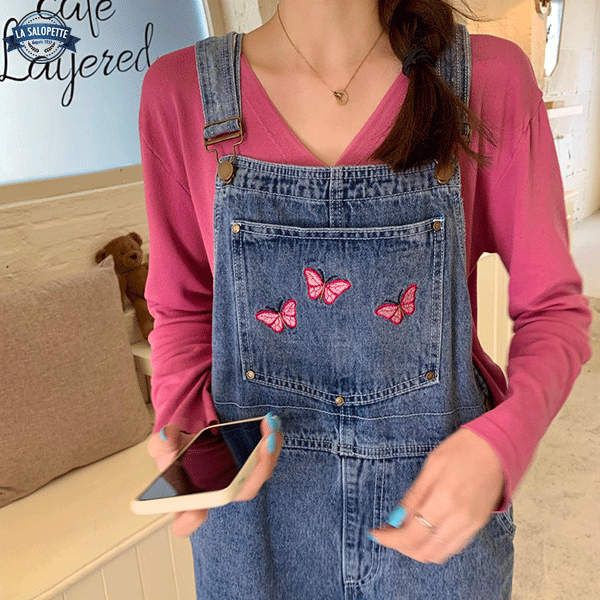 デニムオーバーオール<br>蝶の刺繍