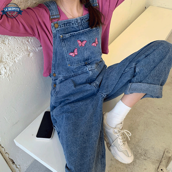 デニムオーバーオール<br>蝶の刺繍