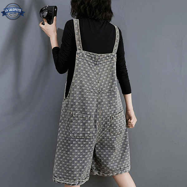 オーバーオール ショートパンツ<br>グレー ポルカ ドット ジーンズ