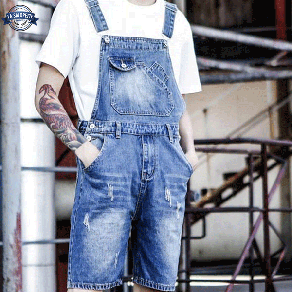 オーバーオール ショートパンツ<br>メンズ ウォッシュドブルーデニム