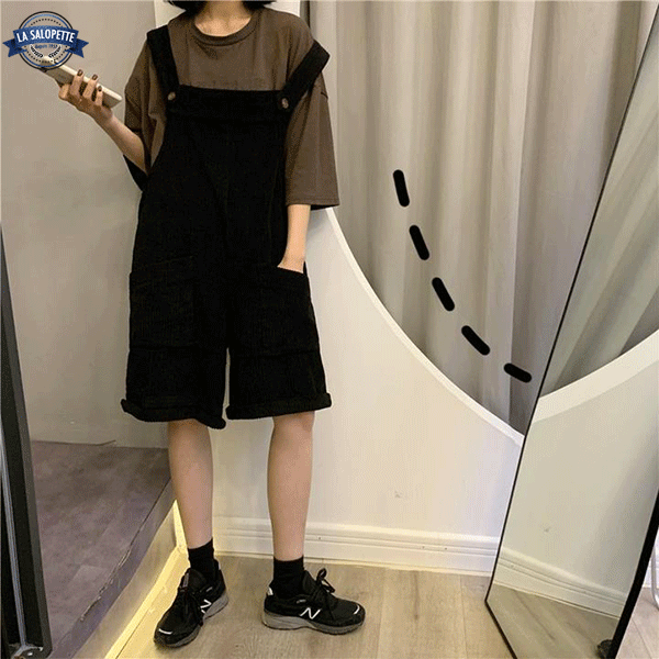 オーバーオール ショートパンツ<br>ブラックベルベットウーマン