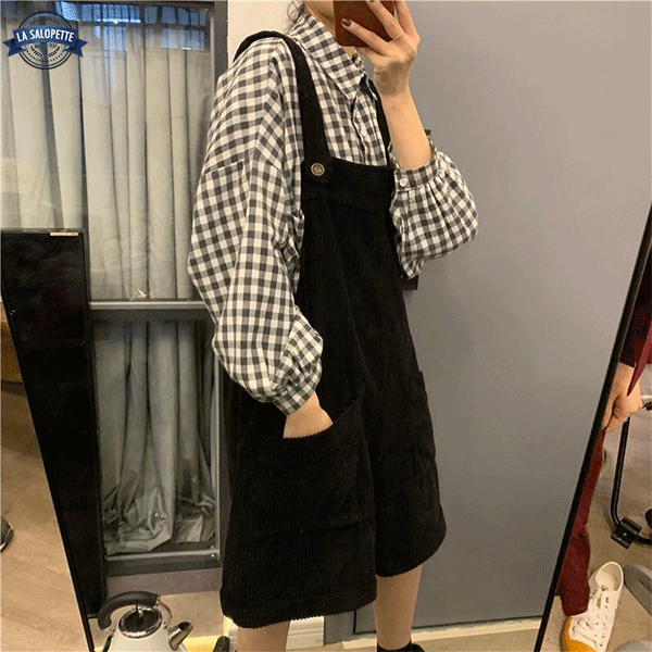 オーバーオール ショートパンツ<br>ブラックベルベットウーマン